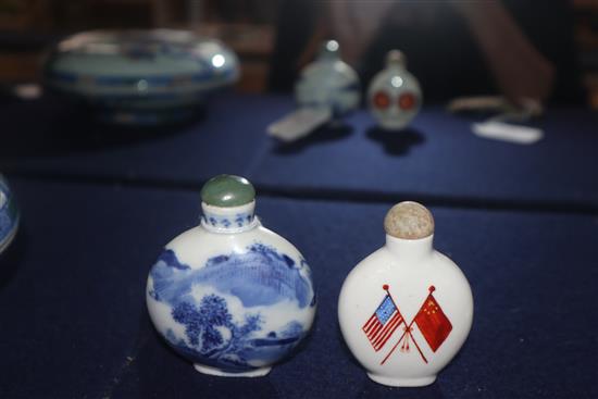 A Chinese Richard Nixon and Chairman Mao snuff bottle c.1972 and a Chinese blue and white snuff bottle